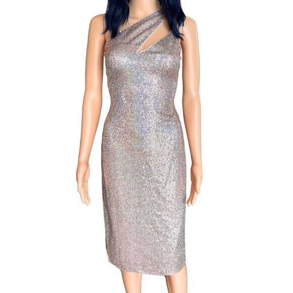 NWT Aqua Formal Gold Sparkly Sequin One Shoulder Dress - Picture 2 of 6